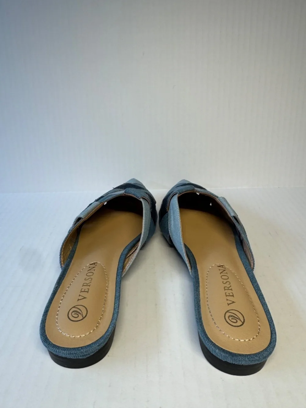 Woven Denim Mule Slides | Pointed Toe Flats | Size 6 | Blue Patchwork